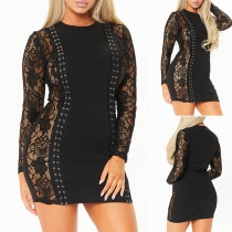 Sexy Lace Spliced Long Sleeve Round Neck Lace-up Tight Dress