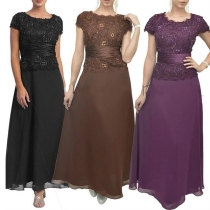 Fashion Solid Color Lace Spliced Short Sleeve Round Neck Maxi Dress