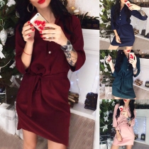 Fashion Solid Color 3/4 Sleeve V-neck Dress with Waist Strap 