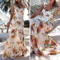 Fashion Sleeveless V-neck Fishtail Hem Printed Maxi Dress