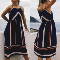 Fashion Contrast Color Striped High Waist Sling Dress