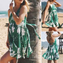 Sexy Backless Deep V-neck Sleeveless High Waist Printed Dress