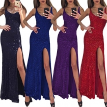Sexy Solid Color V-neck Sleeveless Over-hip Long Side-Slit Paillette Dress