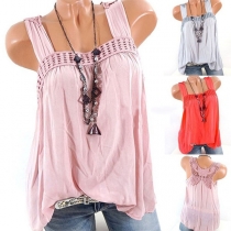 Fashion Sling Embroidered Bowknot Spliced Sleeveless Irregular Hemline Shirt