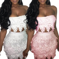Sexy Boat-neck Off-shoulder Lace Embroidered Crop Top + Over-hip Skirt