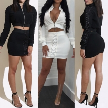 Fashion Solid Color Long Sleeve Bandaged  Chop-hemline Zipper Shirt + Over-hip Dress 