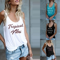Casual Contrast Color Round-neck Sleeveless Letters Printed Top