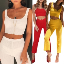 Sexy Backless Sleeveless Crop Top + High Waist Pants Two-piece Set