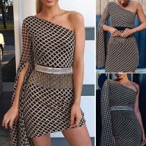 Sexy Oblique-shoulder Dingle Long Slit Sleeve Slim Fit Over-hip Dress