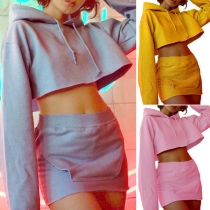 Fashion Solid Color Long Sleeve Chop Hemline Hooded Shirt + Over-hip Dress Set