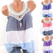 Sweet Round-neck Sleeveless Contrast Color Hollow Out Embroidered Spliced Shirt