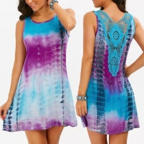 Fashion Round-neck Sleeveless Gradient Color Lace Embroidered Dress