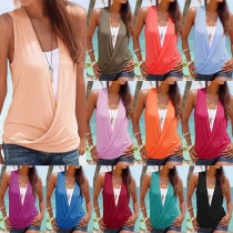 Fashion Contrast Color Sleeveless V-neck Mock Two-piece T-shirt 
