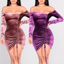 Sexy Off-shoulder Long Sleeve Solid Color Drawstring Tight Dress
