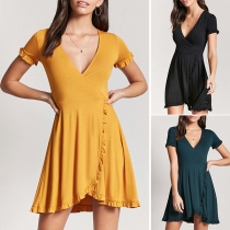 Fashion Solid Color Short Sleeve V-neck Ruffle Hem Dress