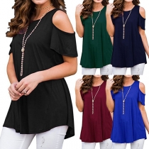 Sexy Off-shoulder Short Sleeve Round Neck Solid Color T-shirt 