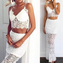 Sexy Backless V-neck Lace Cami Top + High Waist Skirt Two-piece Set 