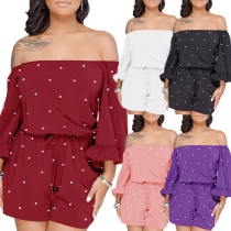 Sexy Off-shoulder Boat Neck 3/4 Sleeve High Waist Dots Printed Romper