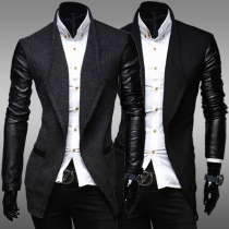 Fashion PU Leather Spliced Long Sleeve Slim Fit Men's Knit Coat