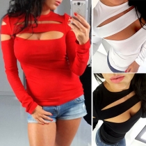 Sexy Long Sleeve Round Neck Solid Color Hollow Out T-shirt 