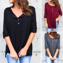 Fashion Solid Color 3/4 Sleeve Round Loose T-shirt