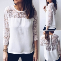 Fashion Lace Spliced 3/4 Sleeve Round Neck Solid Color Top 