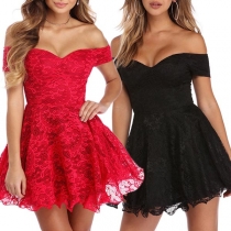Sexy Off-shoulder High Waist Solid Color Lace Party Dress