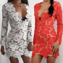 Sexy Deep V-neck Long Sleeve Hollow Out Lace Dress