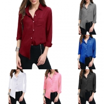 Fashion Solid Color Long Sleeve POLO Collar Chiffon Shirt 