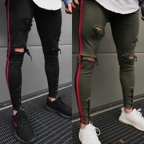 Fashion Striped Spliced Slim Fit Ripped Men's Pencil Pants 