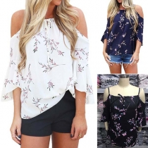 Sexy Off-shoulder 3/4 Sleeve Printed Sling Chiffon Top