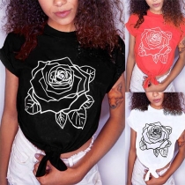 Fashion Rose Printed Short Sleeve Round Neck Knotted Hem T-shirt 