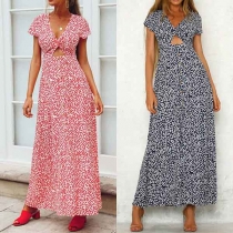 Sexy Deep V-neck Slit Hem Short Sleeve Printed Dress