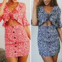Sexy Lace-up Deep V-neck Hollow Out High Waist Printed Dress