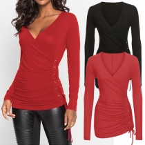 Fashion Solid Color Long Sleeve V-neck Side Lace-up T-shirt 