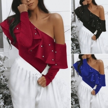 Sexy Oblique Shoulder Long Sleeve Solid Color Ruffle Top