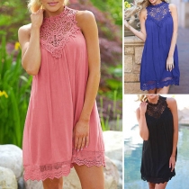 Fashion Solid Color Sleeveless Round Neck Lace Spliced Loose Dress