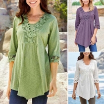 Fashion Lace Spliced Half Sleeve V-neck Solid Color T-shirt