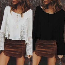 Fashion Lace Spliced Trumpet Sleeve Round Neck Loose Top 