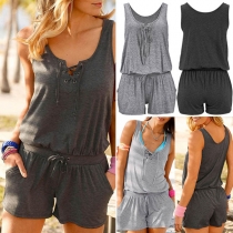 Fashion Solid Color Sleeveless Lace-up V-neck Romper (It falls small)