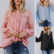 Fashion Gauze Spliced Lantern Sleeve Round Neck Solid Color Top 