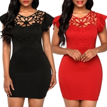 Sexy Hollow Out Lotus Sleeve Solid Color Bodycon Dress