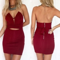 Sexy Backless V-neck High Waist Solid Color Strapless Dress