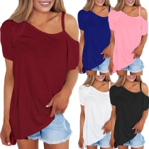 Sexy Off-shoulder Short Sleeve Solid Color T-shirt