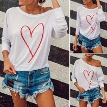 Fashion Oblique Shoulder Long Sleeve Heart Printed T-shirt 