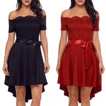 Sexy Off-shoulder Boat Neck High-low Hem Lace Spliced Party Dress