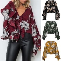 Sexy Deep V-neck Trumpet Sleeve Irregular Hem Printed Crop Top 