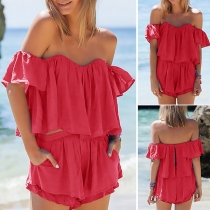 Sexy Off-shoulder Boat Neck Top + Shorts Two-piece Set 