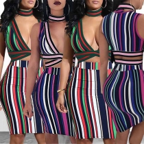 Sexy Deep V-neck Sleeveless Crop Top + High Waist Skirt Striped Two-piece Set
