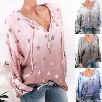 Fashion Star Printed Long Sleeve V-neck Loose Blouse